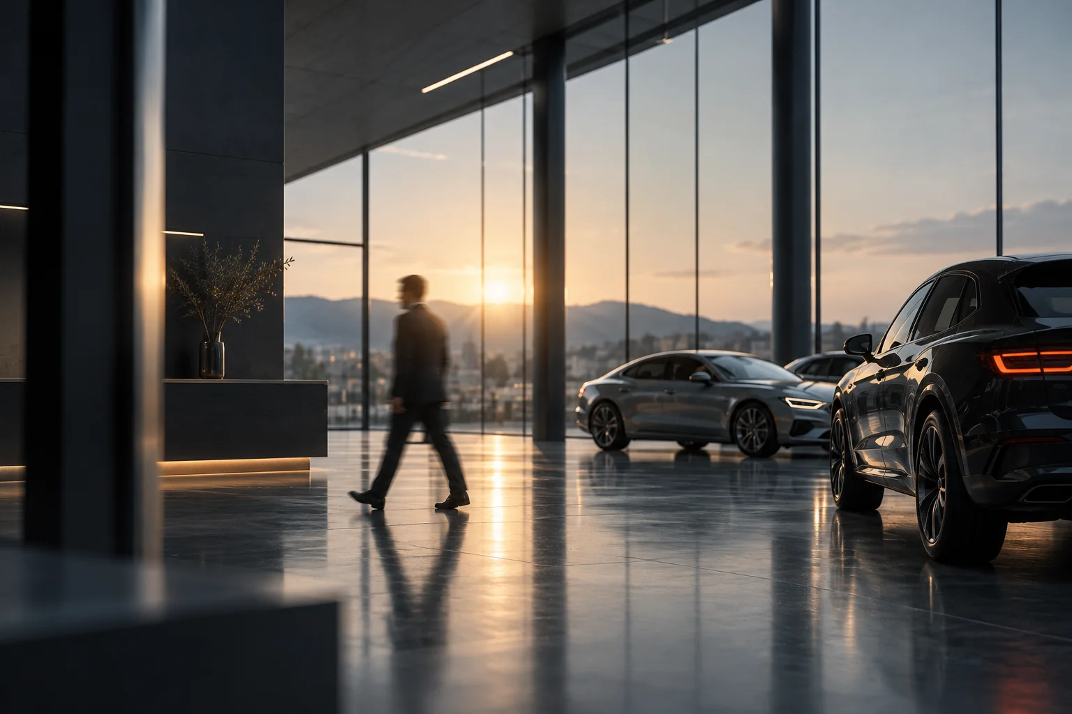 Fahrzeuge in einem Autohaus im Abendlicht