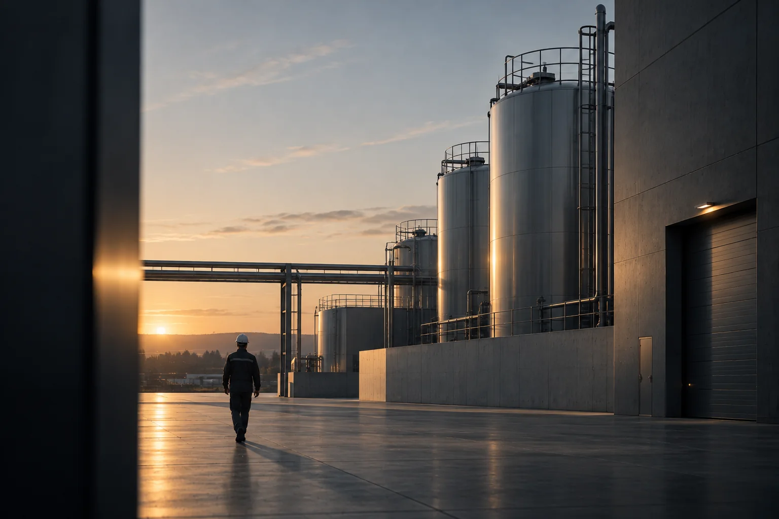 Industrieanlage mit Tanks im Abendlicht